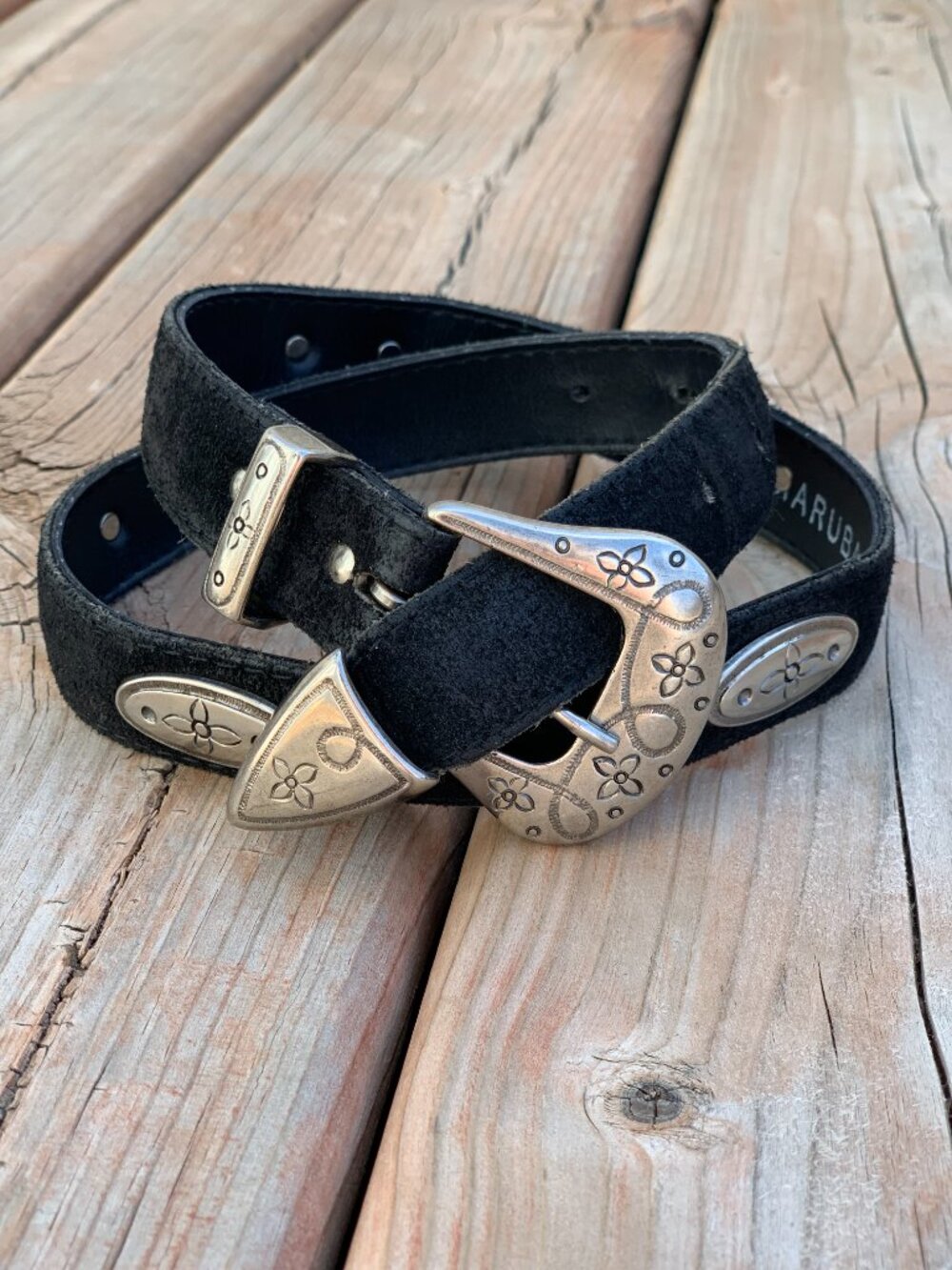 Vintage 90s Western Concho Belt Black Suede Silver Buckle Southwestern Boho Chic